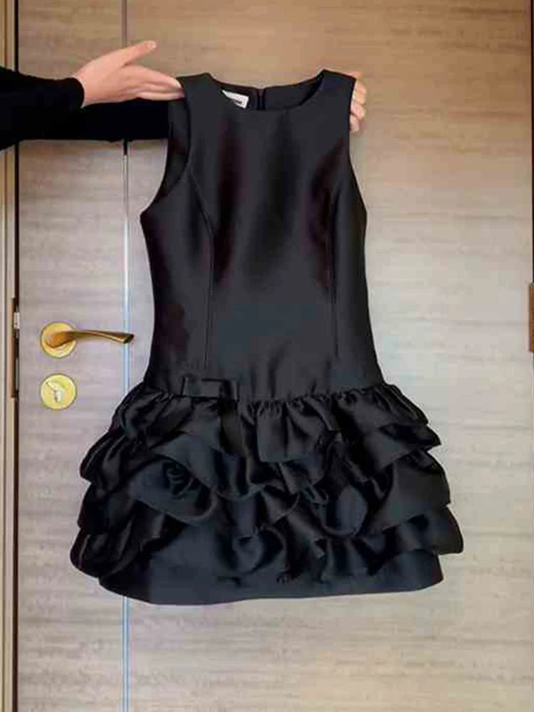 Black Satin Ruffle Vest Dress | MzStar Fashion | view 6