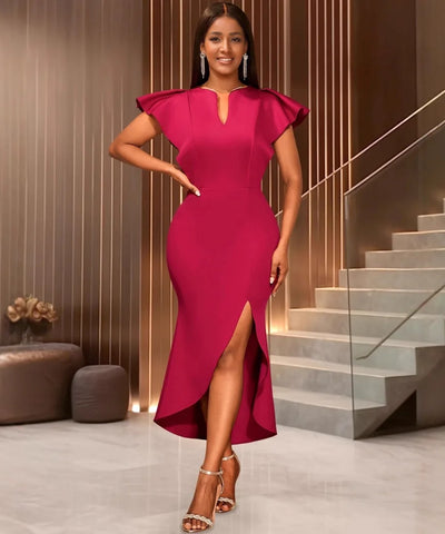 Ruffle Trim V-Neck Midi Dress | MzStar Fashion