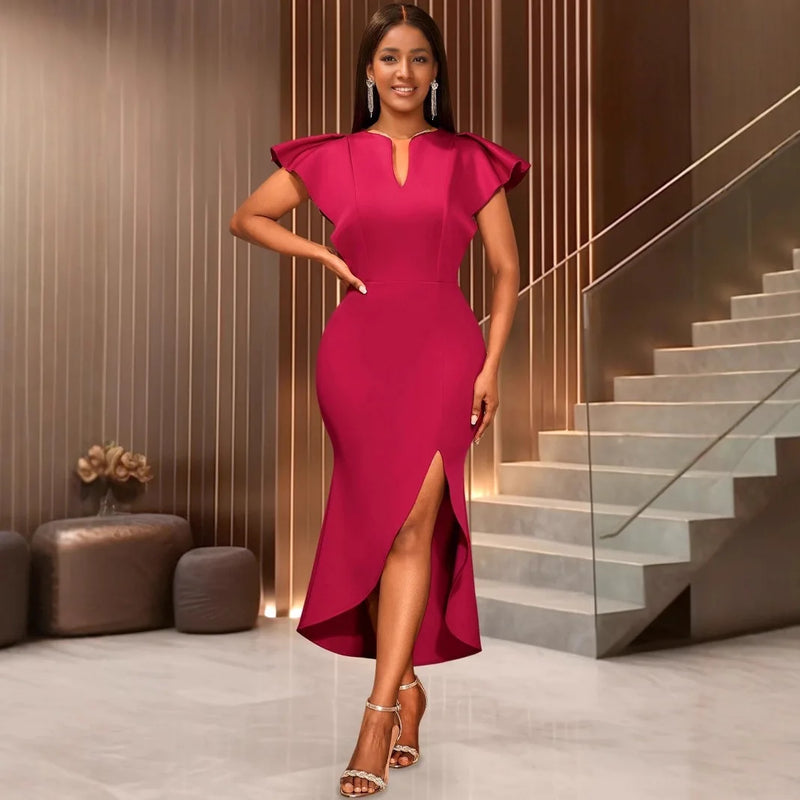 Ruffle Trim V-Neck Midi Dress | MzStar Fashion