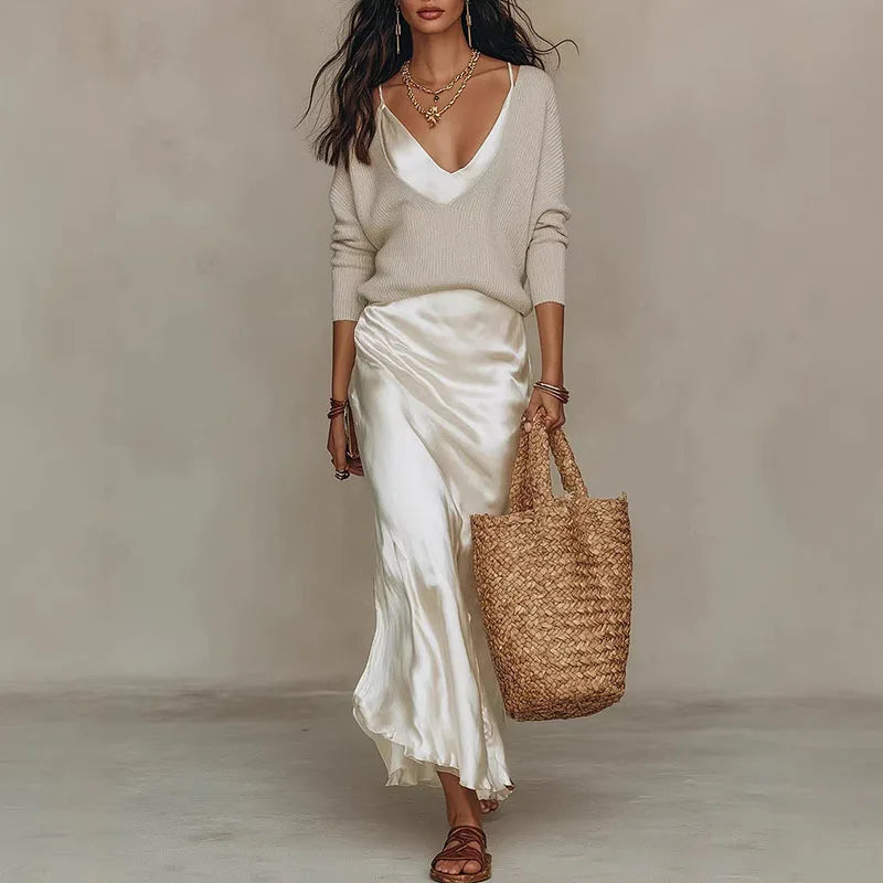 Sweater & Satin Dress Set | MzStar Fashion | view 3
