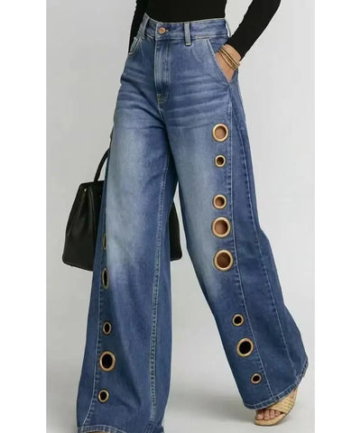 Eyelet Ripped Wide-Leg Jeans | MzStar Fashion