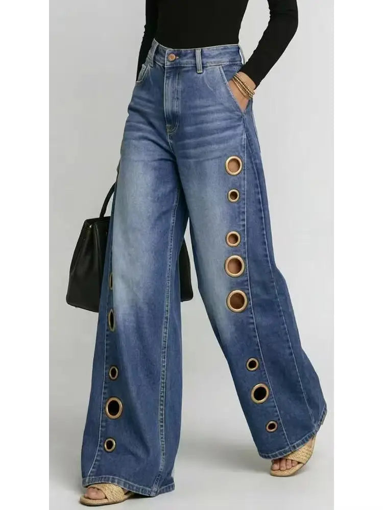 Eyelet Ripped Wide-Leg Jeans | MzStar Fashion | view 6