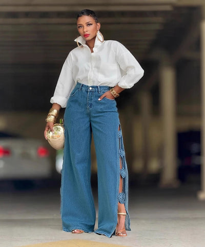 Braided Trim Side-Slit Jeans