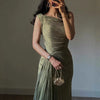 Olive Satin One-Shoulder Gown | MzStar Fashion
