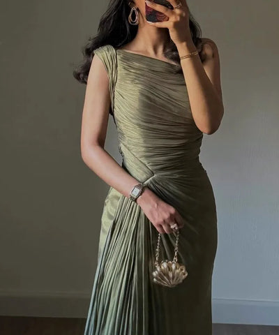 Olive Satin One-Shoulder Gown | MzStar Fashion