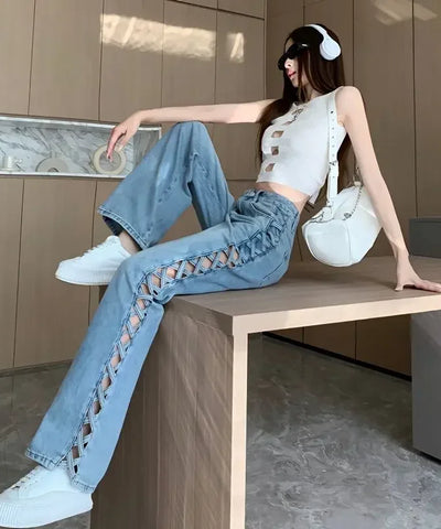 Side-Braid Cut-Out Jeans