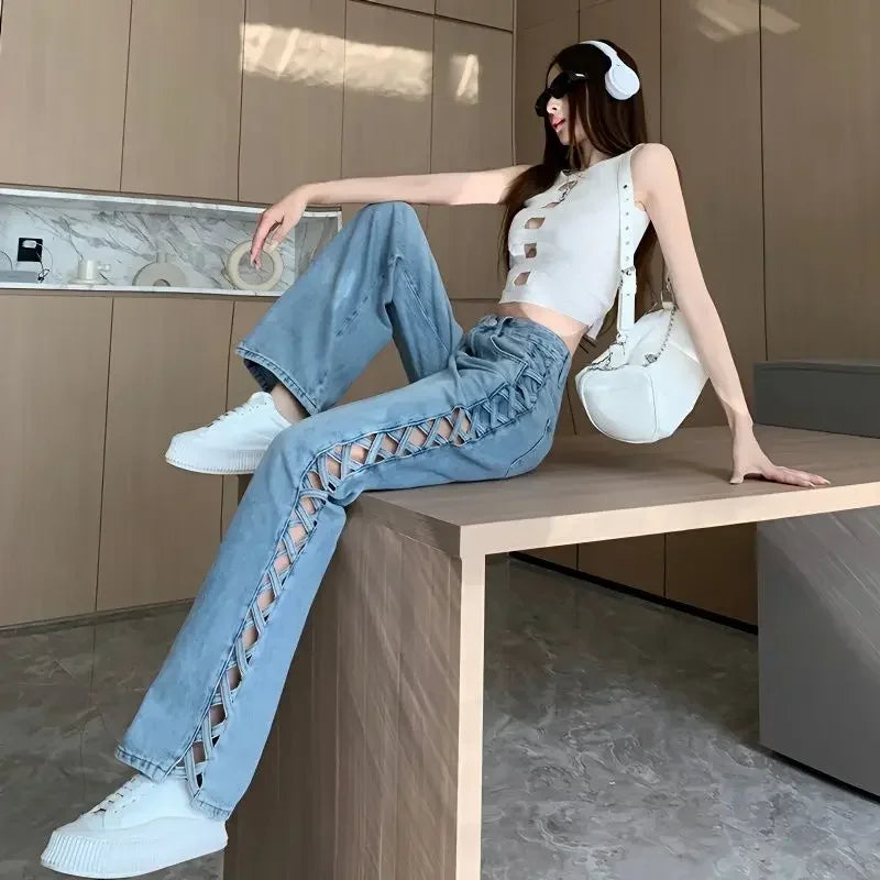 Side-Braid Cut-Out Jeans | MzStar Fashion | view 2