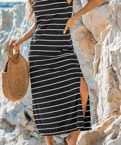 Elegant Black and White Striped Side Slit Vacation Dress | MzStar Fashion