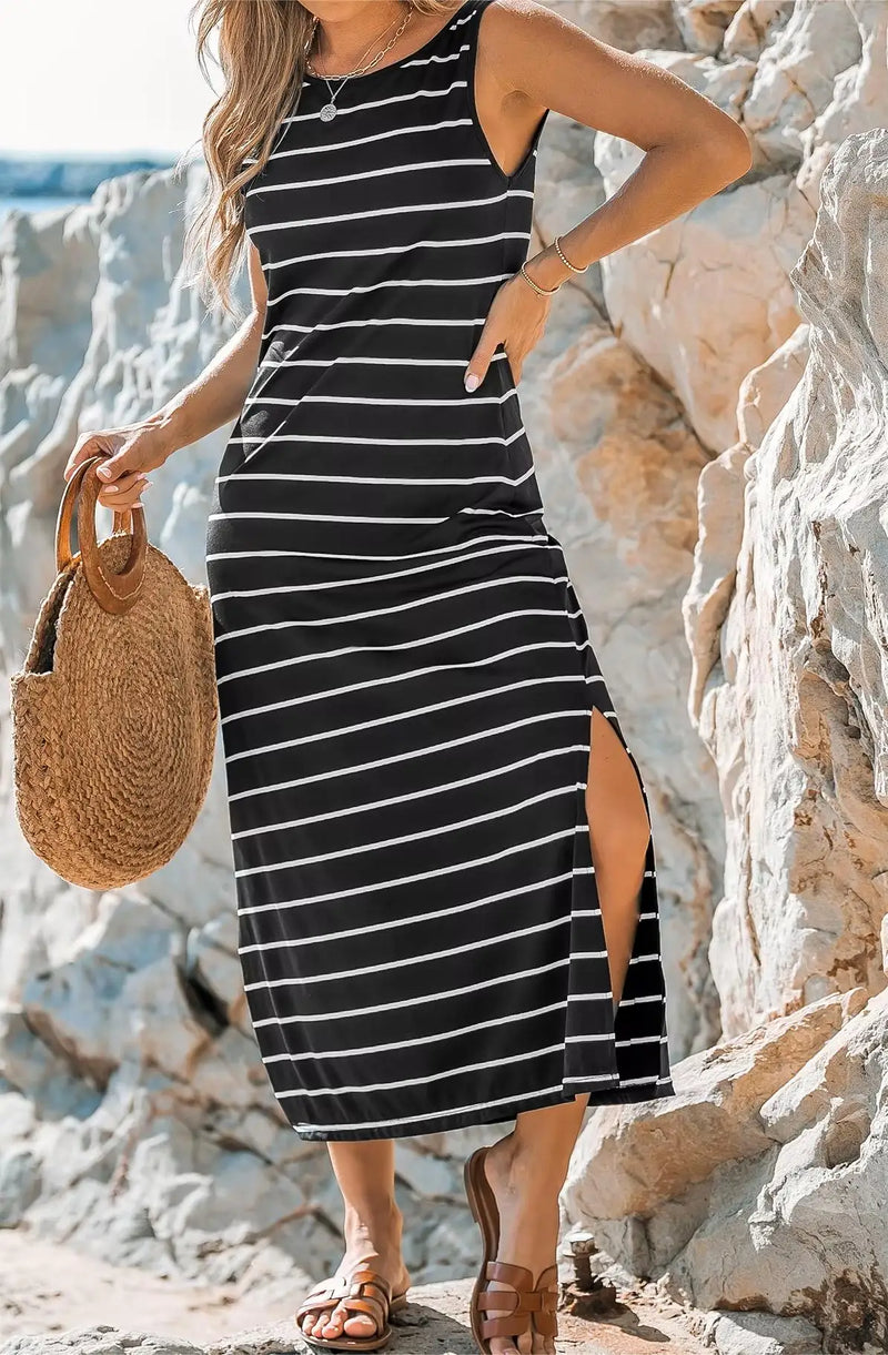 Elegant Black and White Striped Side Slit Vacation Dress | MzStar Fashion