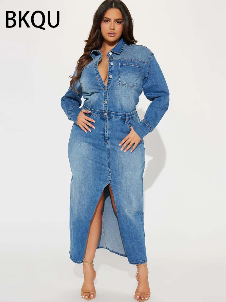 Denim Split Maxi Shirt Dress | MzStar Fashion | view 3