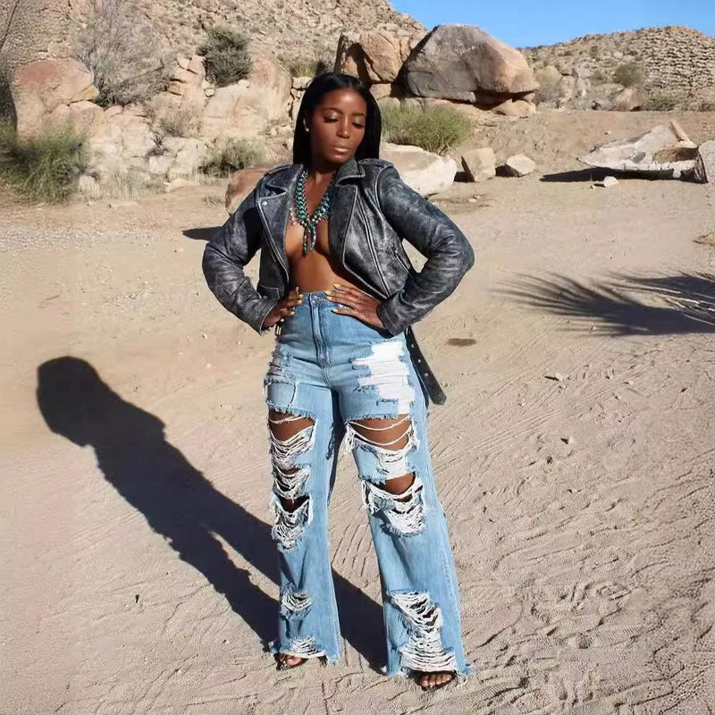 Splice Ripped Straight Jeans | MzStar Fashion | view 5