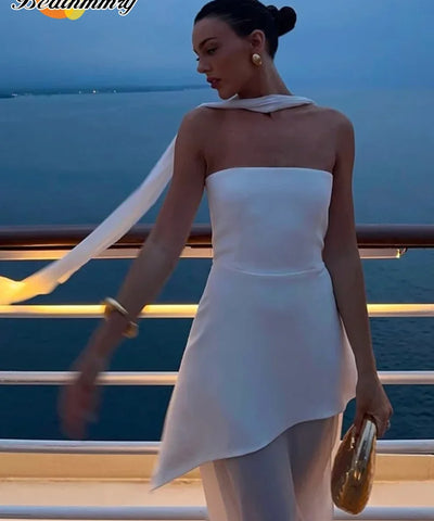 White Mesh Strapless Gown