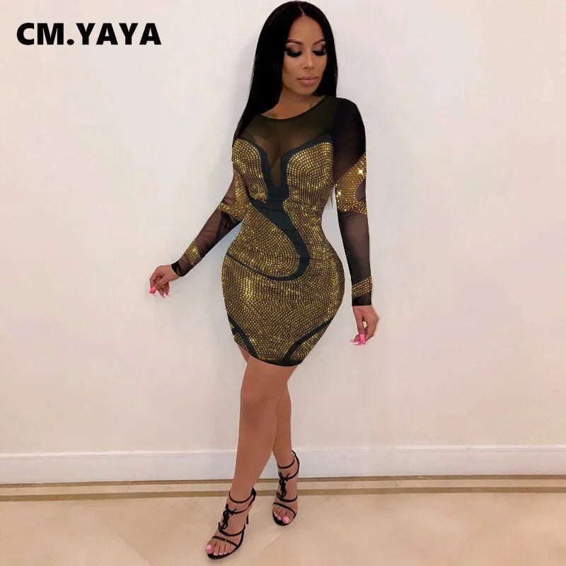Rhinestone Mesh Bodycon Midi Dress | MzStar Fashion | view 3