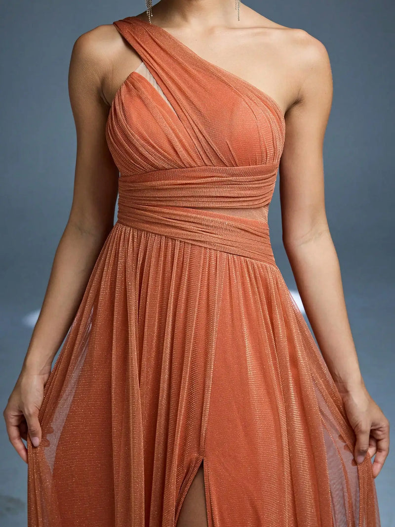 One-Shoulder Ruched Slit Gown | MzStar Fashion | view 4