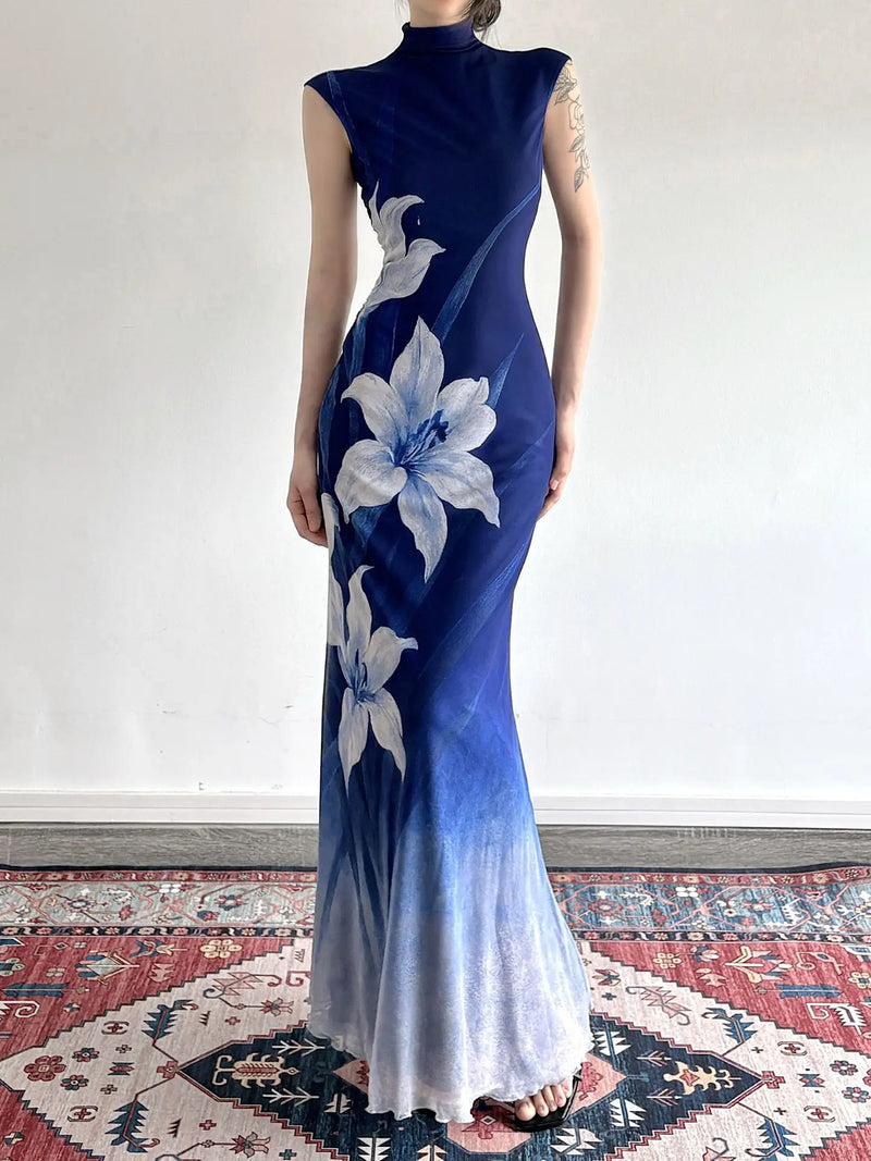 Navy Floral Mock-Neck Maxi Dress | MzStar Fashion | view 5