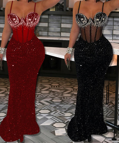 Sheer Sleeve Sequin Gown | MzStar Fashion