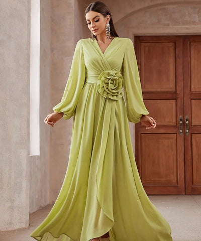 3D Floral Lantern-Sleeve Maxi Dress | MzStar Fashion