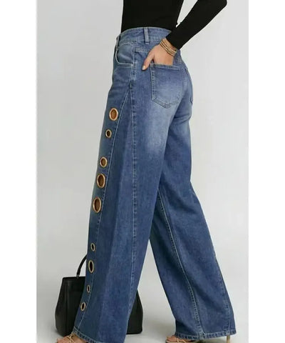 Eyelet Ripped Wide-Leg Jeans