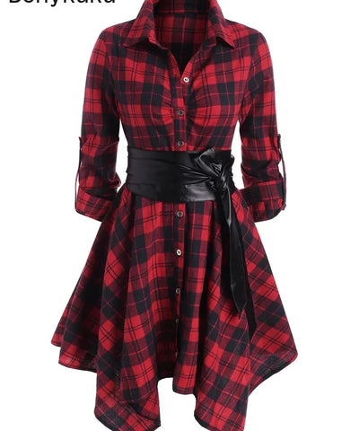 Red Plaid Belted Handkerchief Dress | MzStar Fashion