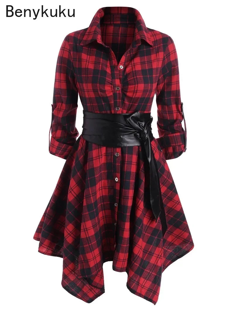 Red Plaid Belted Handkerchief Dress | MzStar Fashion