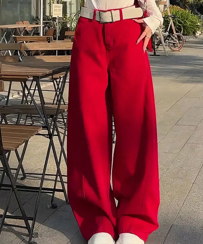 Retro Red Wide-Leg Jeans | MzStar Fashion