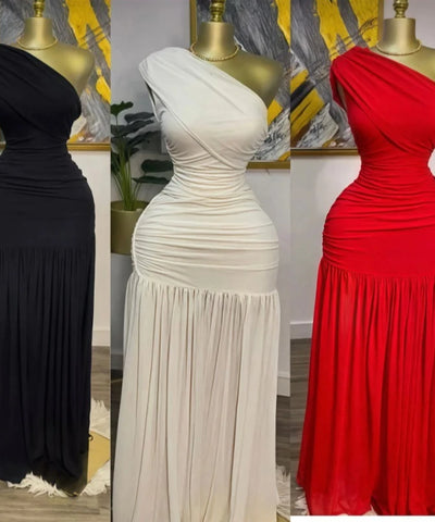 One-Shoulder Pleated Slit Gown | MzStar Fashion