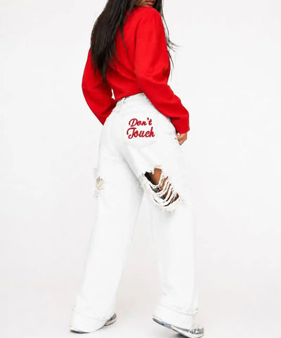 Letter Embroidered Baggy Jeans | MzStar Fashion