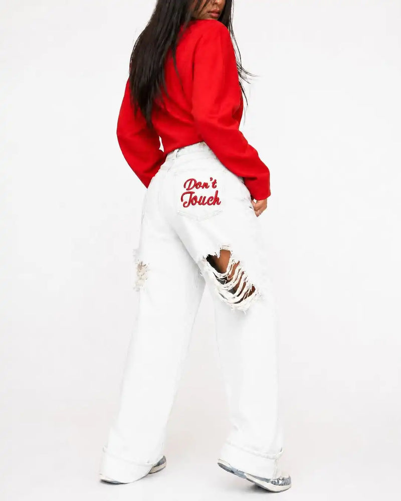 Letter Embroidered Baggy Jeans | MzStar Fashion