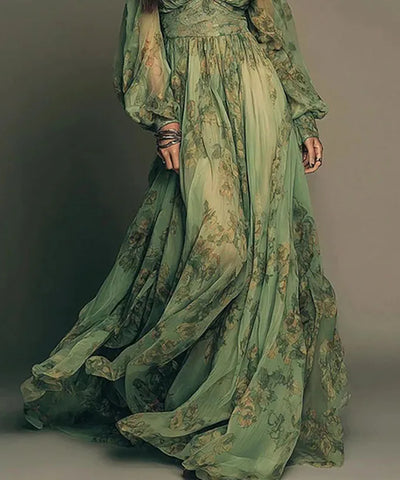 Floral Deep-V A-Line Dress