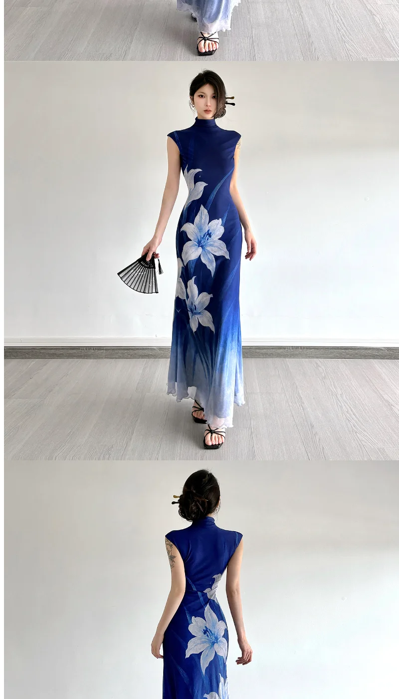 Navy Floral Mock-Neck Maxi Dress | MzStar Fashion | view 8