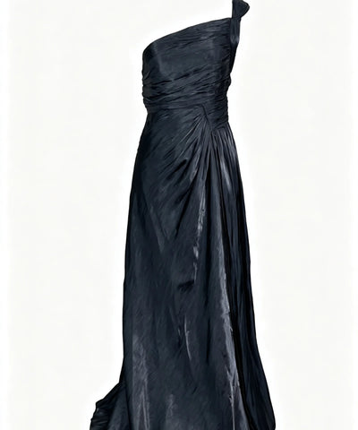 Olive Satin One-Shoulder Gown