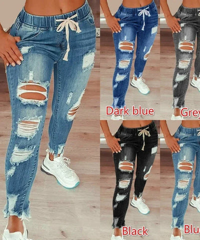Drawstring Ripped Pencil Jeans | MzStar Fashion