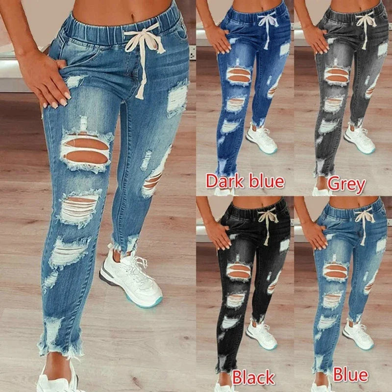 Drawstring Ripped Pencil Jeans | MzStar Fashion
