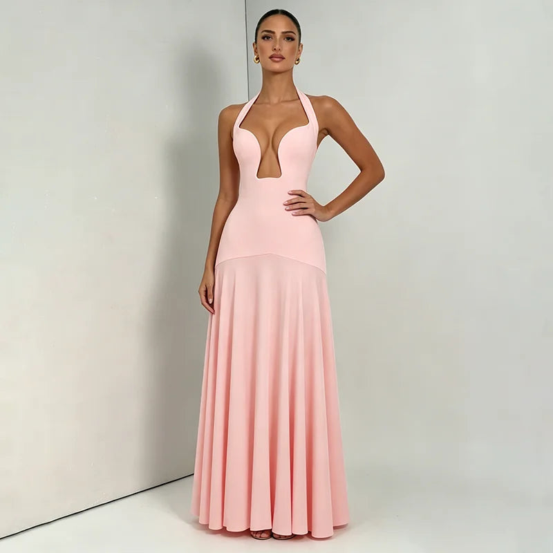 Blush Pink Keyhole Halter Maxi Dress