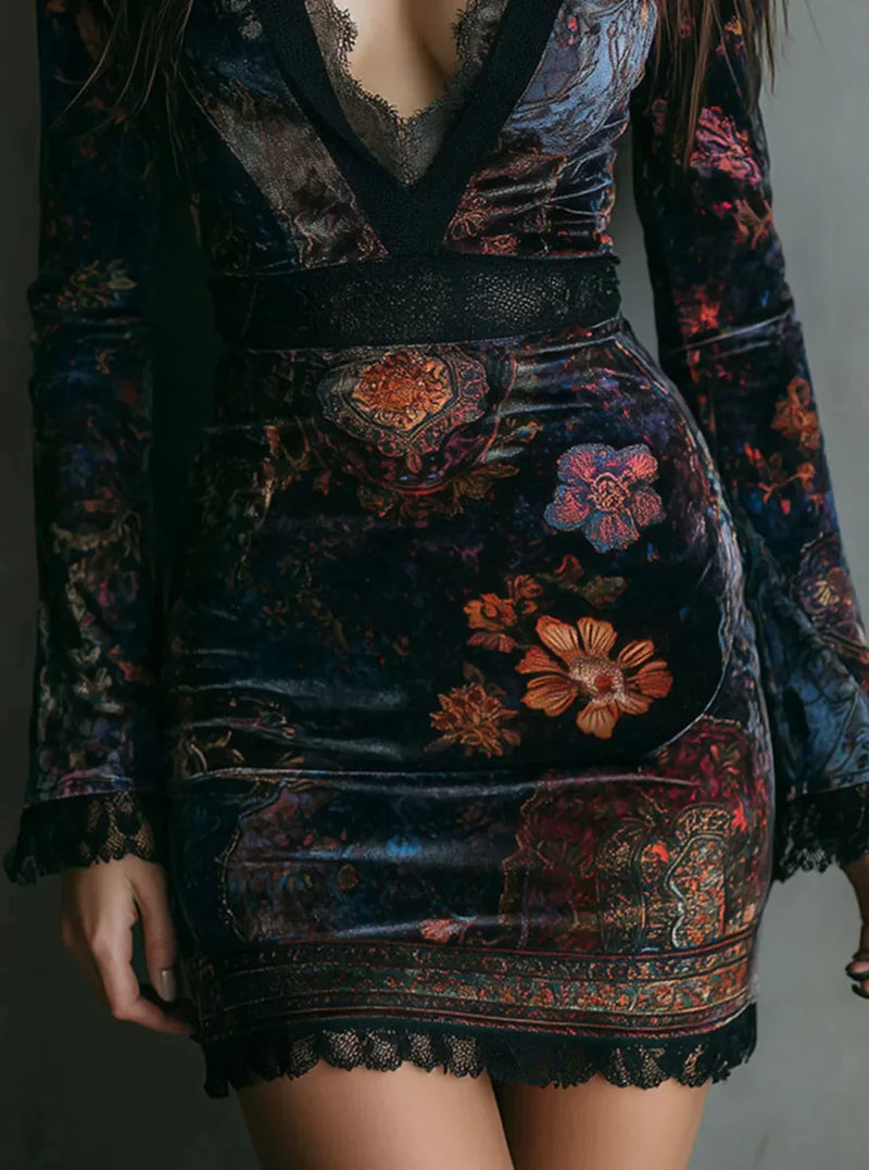 Velvet Floral Gothic Mini Dress | MzStar Fashion | view 5