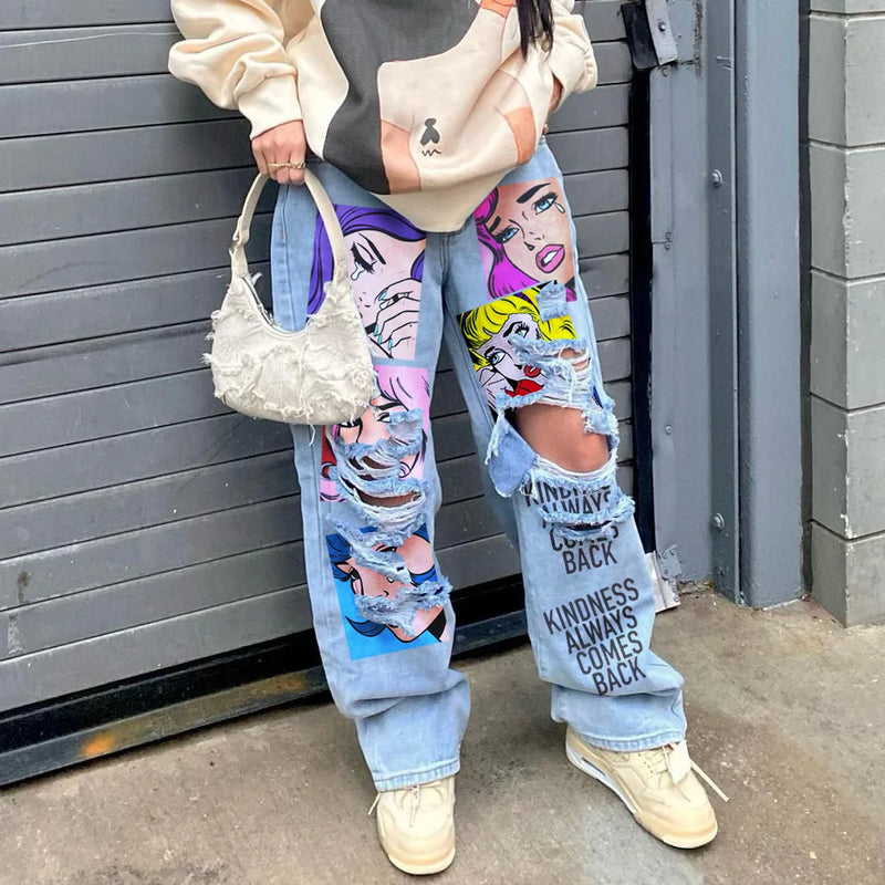 Graphic Print Ripped Jeans | MzStar Fashion | view 8