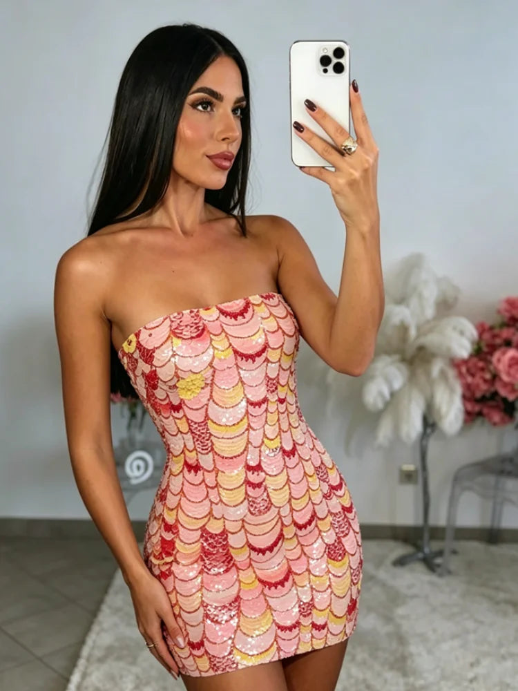 Pink Scale Sequin Tube Dress | MzStar Fashion | view 4