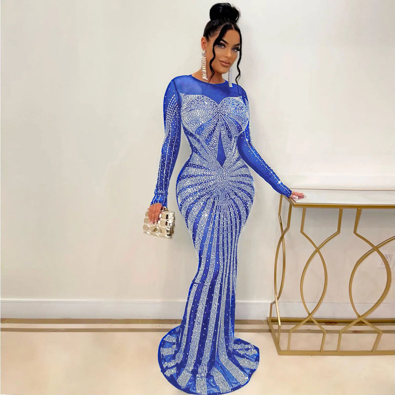 Crystal Mesh Long-Sleeve Gown | MzStar Fashion | view 6
