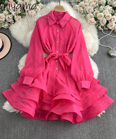 Rhinestone Ruffle Lace-Up Dress | MzStar Fashion