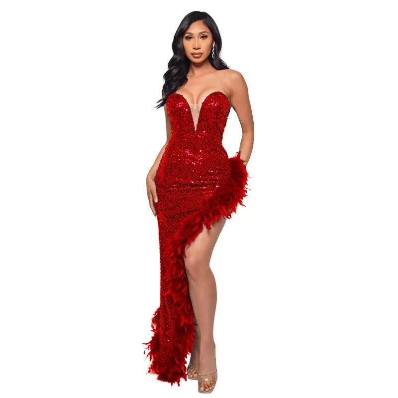Feather Sequin Evening Gown | MzStar Fashion | view 3