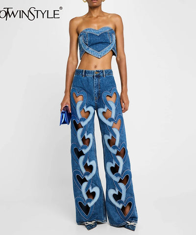Strapless Vest & Patchwork Jeans Set | MzStar Fashion
