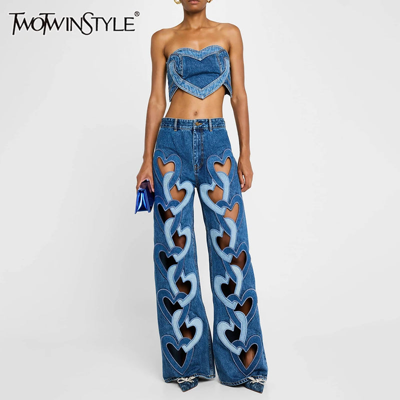 Strapless Vest & Patchwork Jeans Set | MzStar Fashion