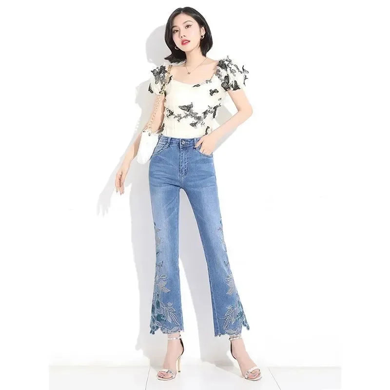 Embroidered Ankle Micro-Flare Jeans | MzStar Fashion | view 5