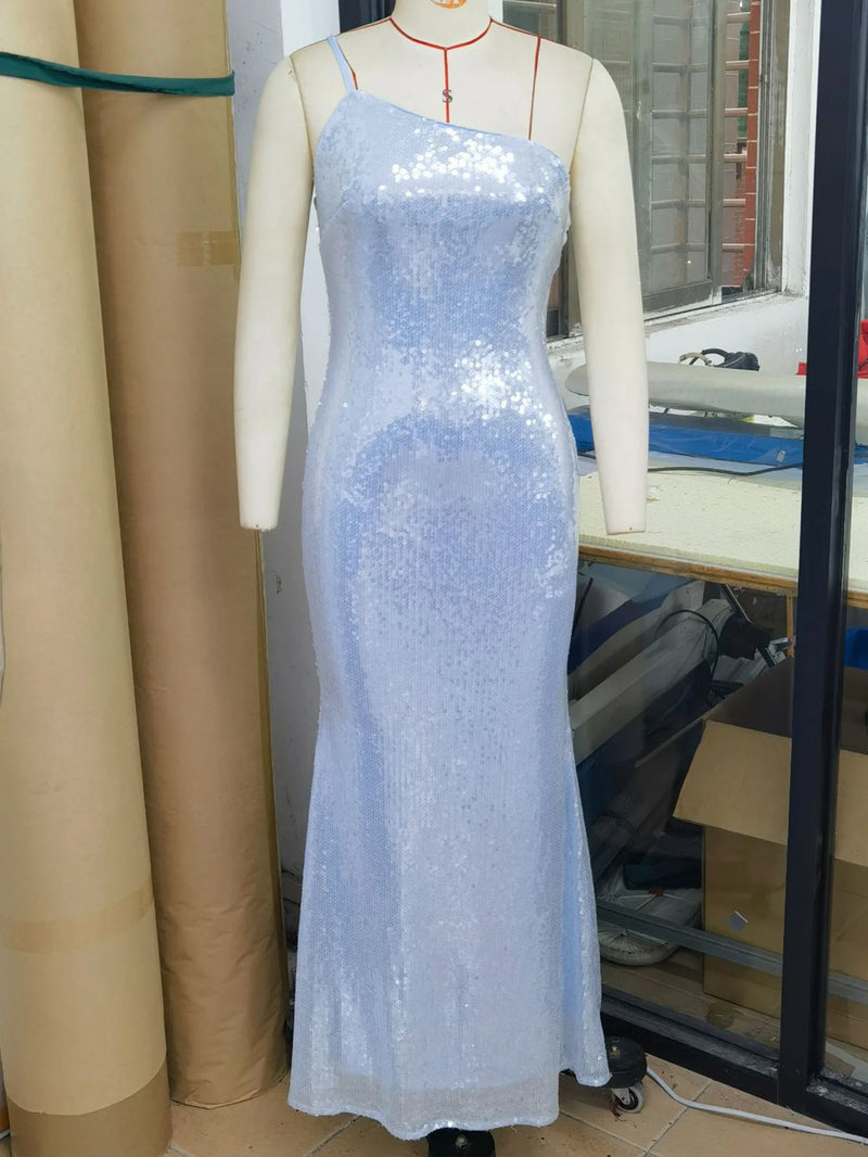 Blue One-Shoulder Sequin Gown | MzStar Fashion | view 5