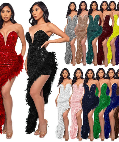Feather Sequin Evening Gown