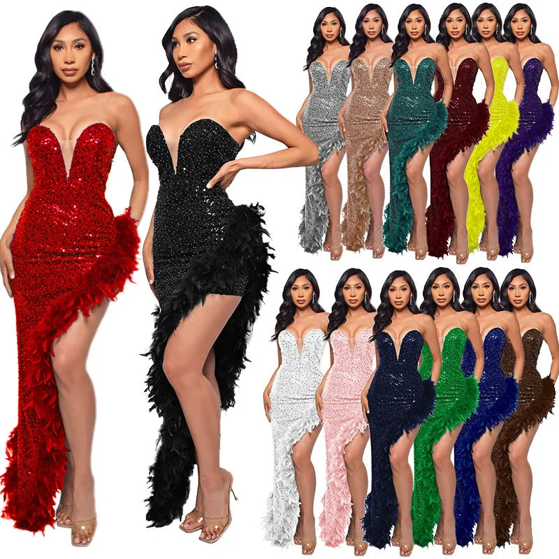 Feather Sequin Evening Gown | MzStar Fashion | view 2
