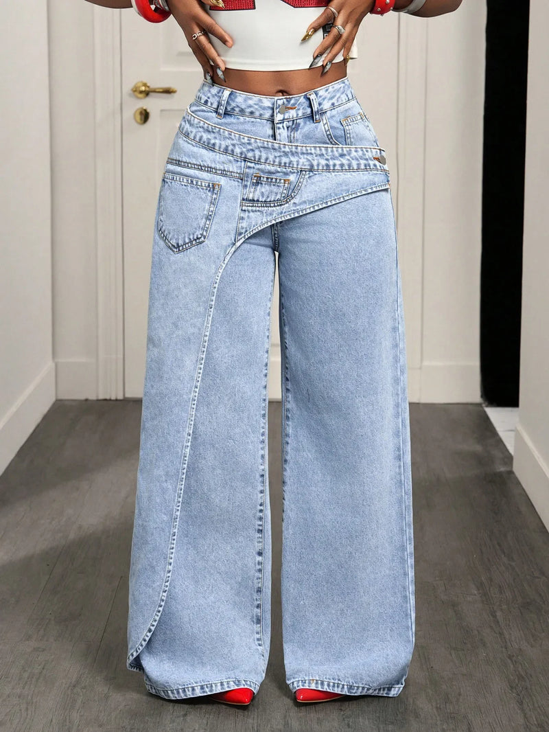 Vintage Splice Wide-Leg Jeans | MzStar Fashion | view 7