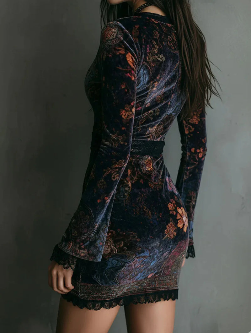 Velvet Floral Gothic Mini Dress | MzStar Fashion | view 2