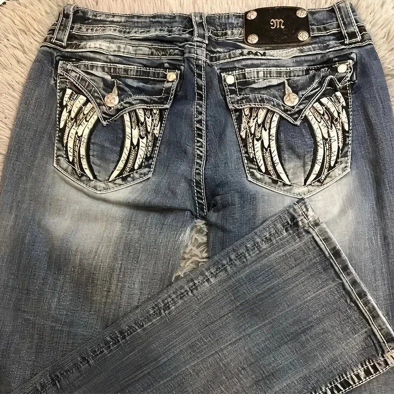 Embroidered Wing Y2K Jeans | MzStar Fashion | view 2