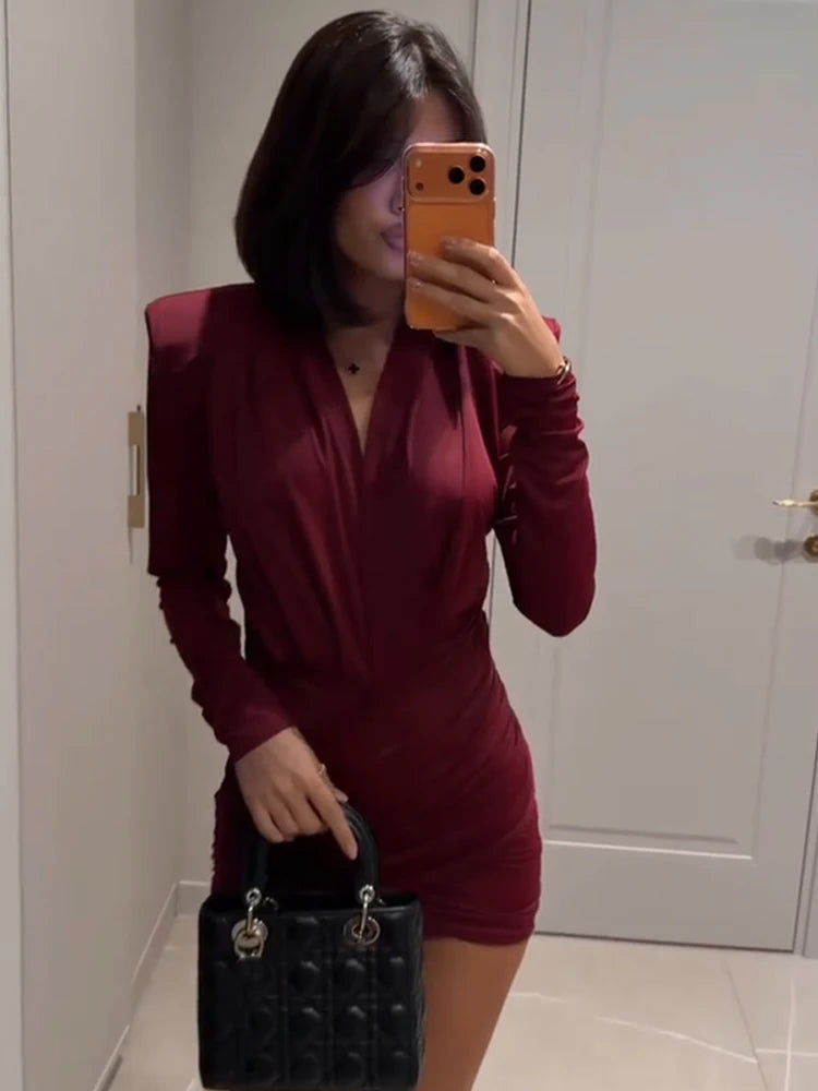 Burgundy Pleated Deep-V Dress | MzStar Fashion | view 4